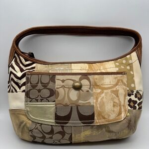 Coach Holiday Patchwork Ergo Hobo Bag Brown Tan Signature Animal Print 10808